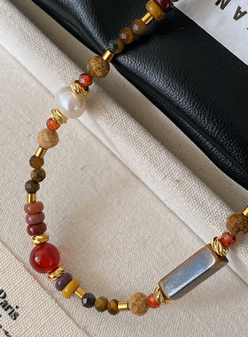 XMR美拉德串珠咖色天然石项链女