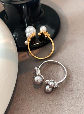 XMR欧美法式小香风镶钻珍珠戒指