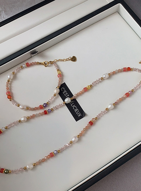 XMR粉晶天然石珍珠项链