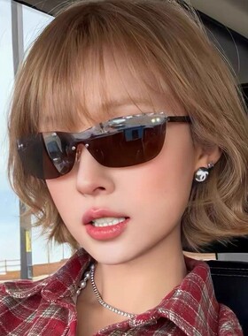 韩版不规则无框切边茶色墨镜女Y2K一体式连体防风太阳镜防紫外线
