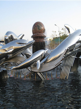 渤言雕塑不锈钢鲸鱼海豚酒店广场