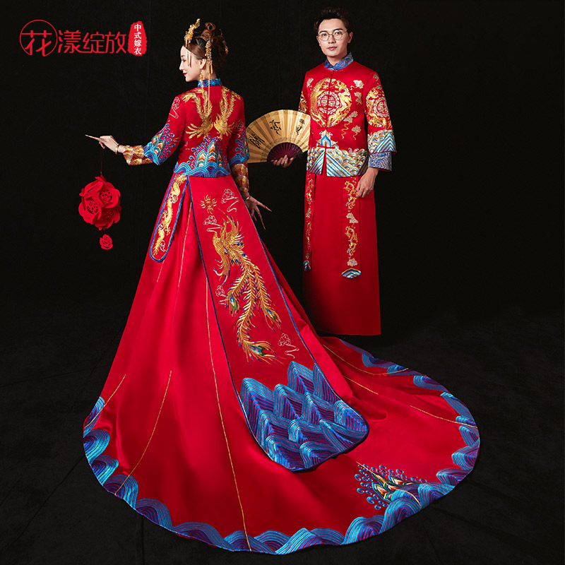 花漾绽放旗舰店秀禾服情侣款新娘新款蓝色结婚敬酒服中式婚纱婚服红色礼服女1