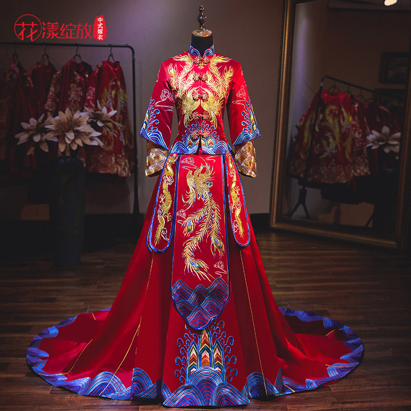 花漾绽放旗舰店秀禾服情侣款新娘新款蓝色结婚敬酒服中式婚纱婚服红色礼服女3