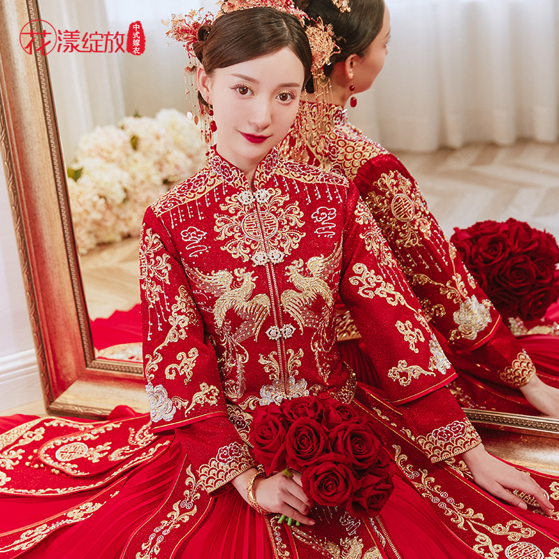 花漾绽放旗舰店秀禾服新款结婚婚纱中式新娘服红色礼服婚礼敬酒龙凤褂秀和服3