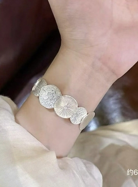 宽面足银999手镯女款十二月实心开口手工圆片纯银镯子送女友礼物