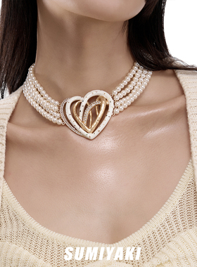 SUMIYAKI多层爱心珍珠锁骨链