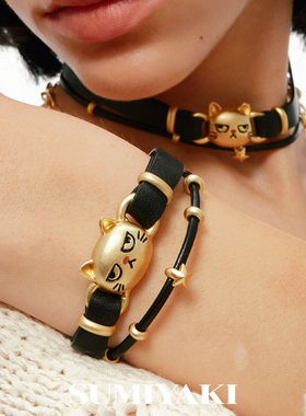 不高兴猫咪手链复古金喵皮革手环