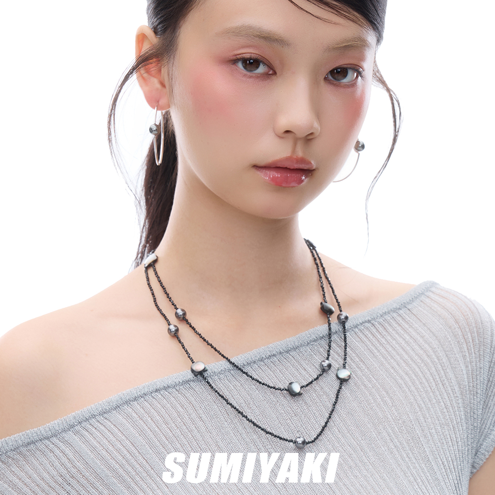 SUMIYAKI 凝光系列 黑蝶贝猫咪银色珍珠串珠长款项链叠戴情侣礼物 - 图2