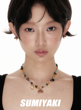 复古虎眼石小狗项链串珠锁骨链