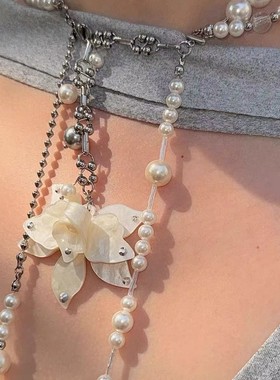 小众设计ins风 蘭·适合大露背的珍珠长流苏组合项链颈饰女