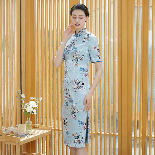 木真了中式祥云印花修身旗袍裙新品复古通勤宴会中长款礼服女972 - 图0