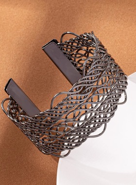 欧美网状黑色镂空麻花纹手饰日韩金色开口可调节金属手镯男女款