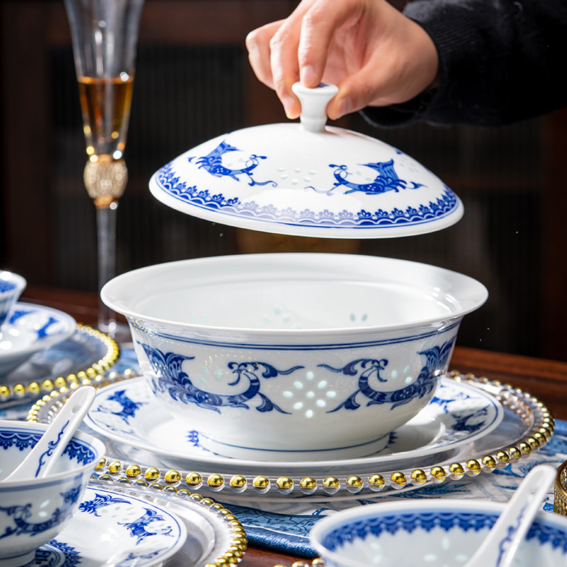 景德镇富玉陶瓷青花玲珑家用饭碗面碗盘子高温瓷釉下彩餐具高级感,淘宝优惠券,粉丝福利购,淘宝优惠卷