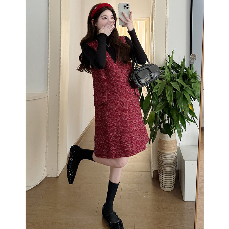 孕妇连衣裙套装2026新款秋冬韩版显瘦复古红色背心裙打底衫两件套,淘宝优惠券,粉丝福利购,淘宝优惠卷