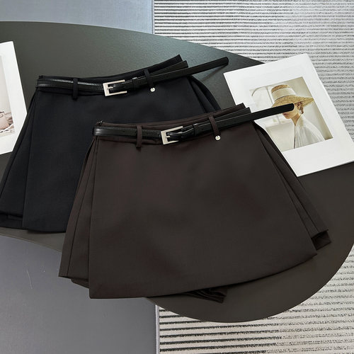 灰色西装半身裙裤女秋冬季高腰侧开叉a字包臀黑色百搭休闲短裤裙 - 图1