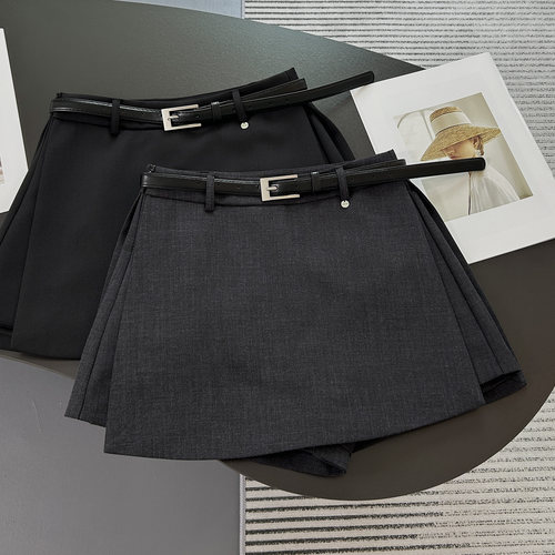 灰色西装半身裙裤女秋冬季高腰侧开叉a字包臀黑色百搭休闲短裤裙 - 图0