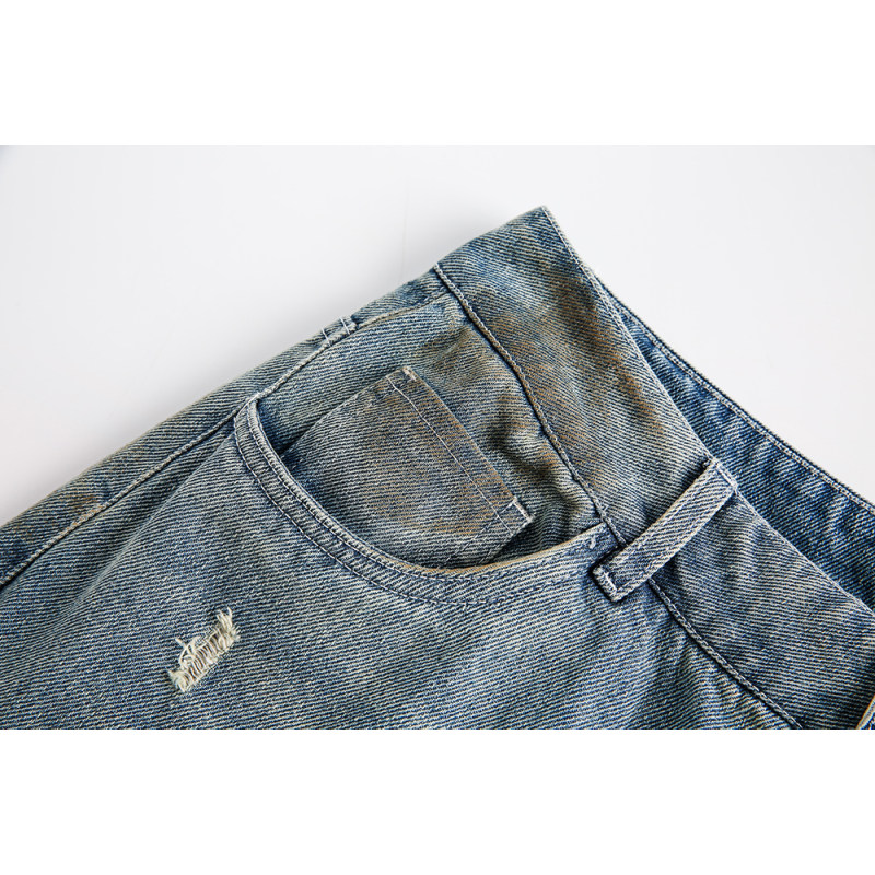 美式复古做旧水洗牛仔长裤子男废土风泥染宽松男裤破洞阔腿休闲裤 - 图2