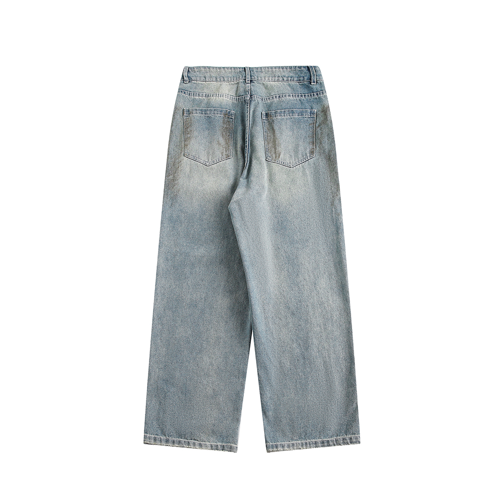 美式复古做旧水洗牛仔长裤子男废土风泥染宽松男裤破洞阔腿休闲裤 - 图3