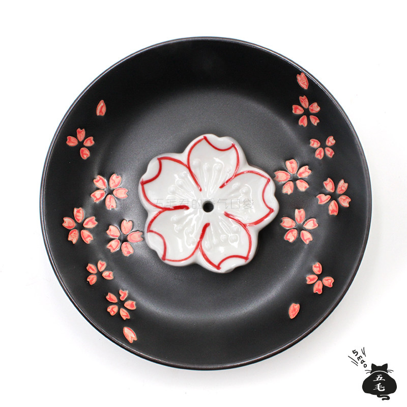 五毛人气热销-日式线香插「樱花香立」陶瓷香薰香皿配套黑色香盘,淘宝优惠券,粉丝福利购,淘宝优惠卷