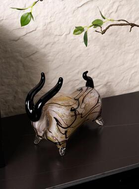 手工玻璃牛运亨通招财牛摆件桌面客厅装饰品样板间书房办公室装饰