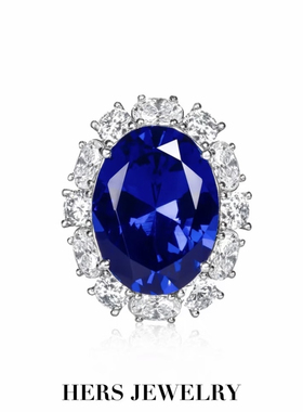 戴妃款皇家蓝戒指高级大克拉晚宴戒指S925银
