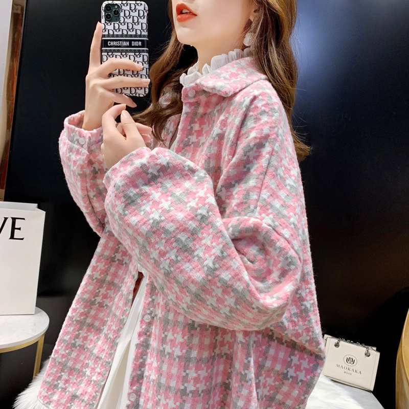 磨毛格子宽松女中长款韩版外套衬衣 卡卡小镇衬衫