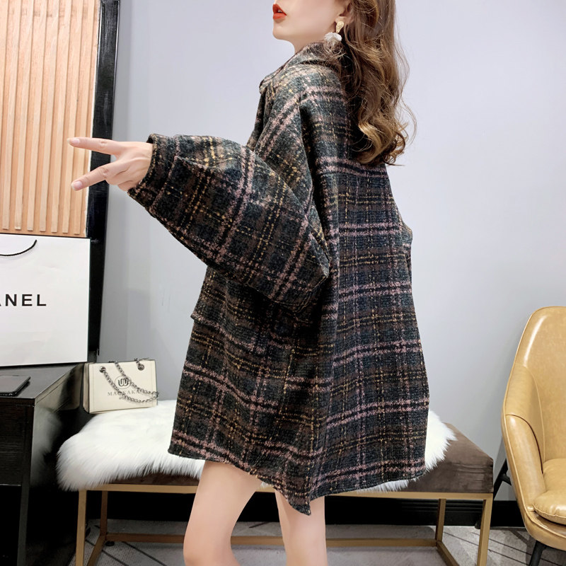 磨毛韩版宽松中长款格子女秋衬衫 卡卡小镇衬衫