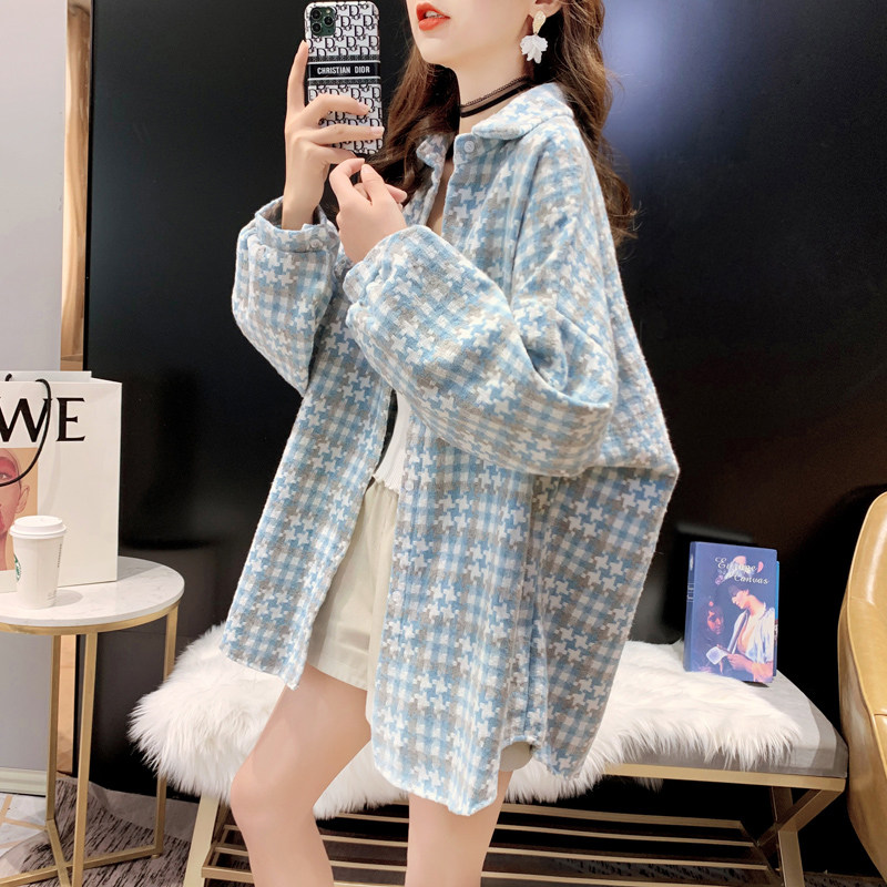 磨毛格子宽松女中长款韩版外套衬衣 卡卡小镇衬衫
