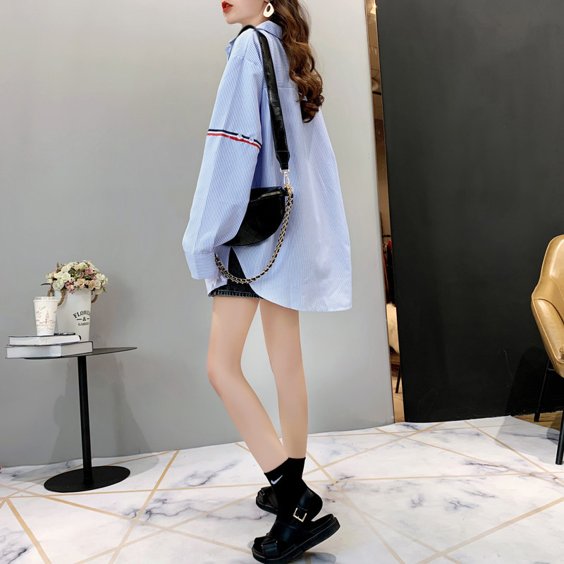 减10条纹外穿秋季宽松慵懒风衬衫 卡卡小镇衬衫