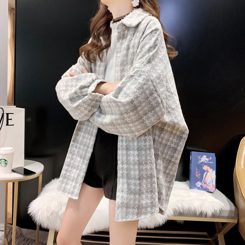 磨毛格子宽松女中长款韩版外套衬衣 卡卡小镇衬衫