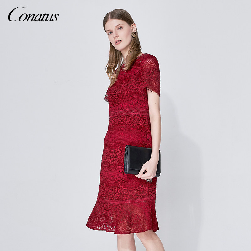 CONATUS/珂尼蒂思女装热销春季新款优雅浪漫蕾丝圆领短袖鱼尾裙女