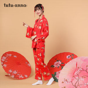 tutuanna睡衣女 纯棉舒适春夏招财牛和服上下套装家居服春季薄款