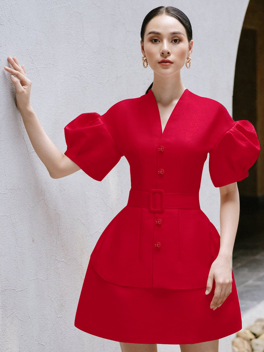 夏浅粉色v领减龄气质小个子腰封 知觉之门连衣裙