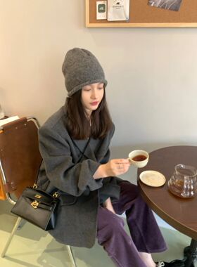 羊驼毛灰色毛线帽女秋冬百搭