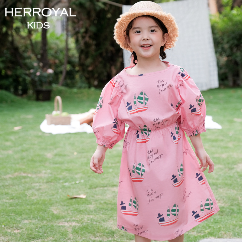 HERROYAL春秋装法式花苞裙女童装儿童粉色泡泡袖公主裙短袖连衣裙