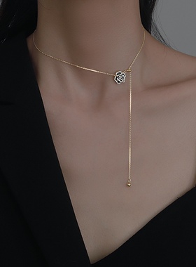 黑色山茶花项链轻奢小众玫瑰花y字锁骨链可调节抽拉式流苏女款夏