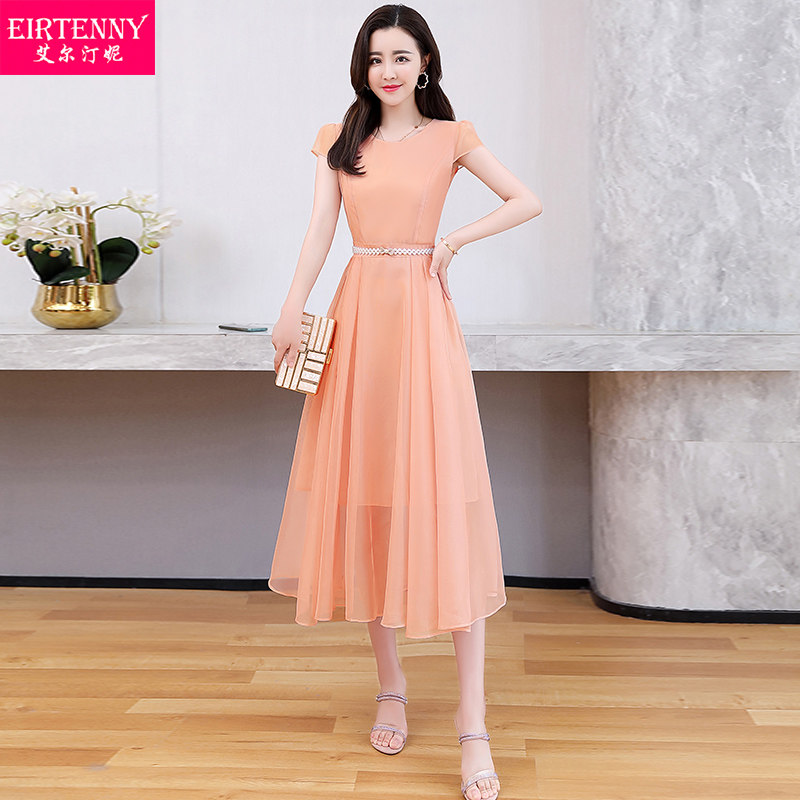 女夏2020台湾新款雪纺短袖中长裙子 eirtenny连衣裙