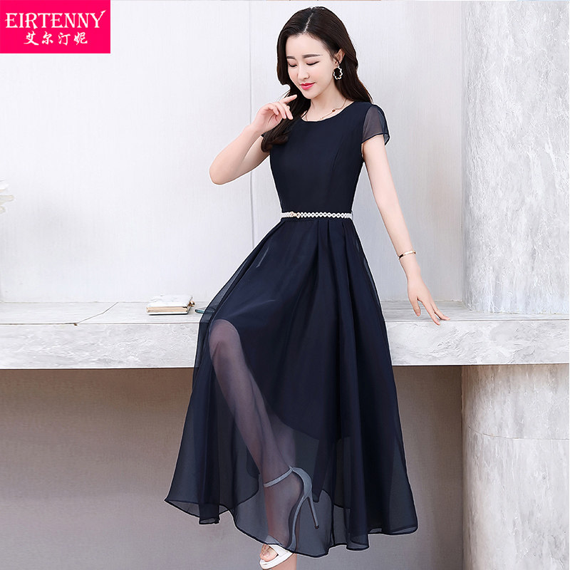 女夏2020台湾新款雪纺短袖中长裙子 eirtenny连衣裙