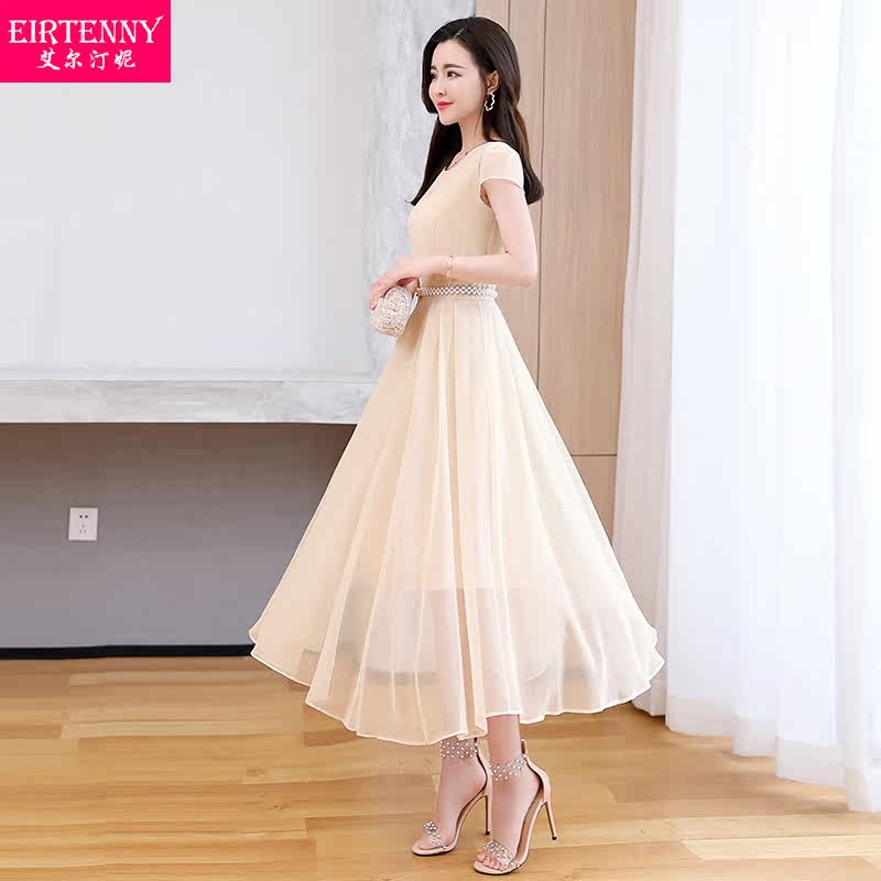 女夏2020台湾新款雪纺短袖中长裙子 eirtenny连衣裙