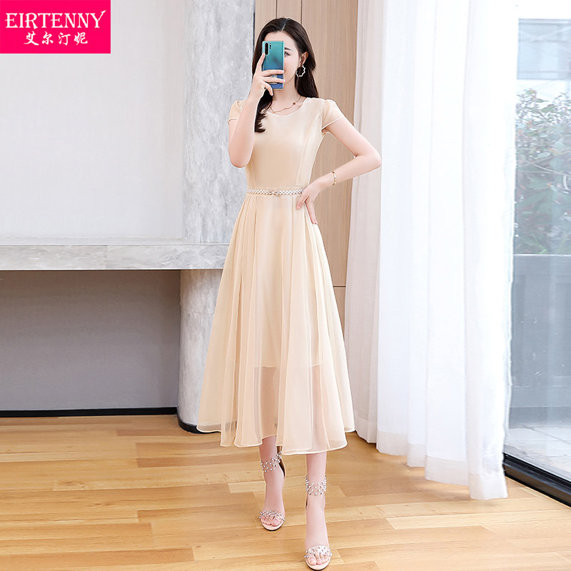 女夏2020台湾新款雪纺短袖中长裙子 eirtenny连衣裙