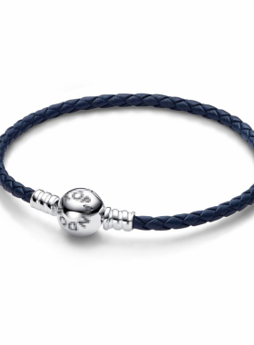 潘家S925纯银蓝色圆扣头编织皮绳手链手镯串吊珠子DIY皮革手链绳