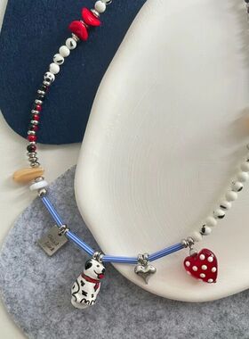 怪味少女~夏天小众设计百搭ins新款撞色通勤斑点狗彩色串珠项链