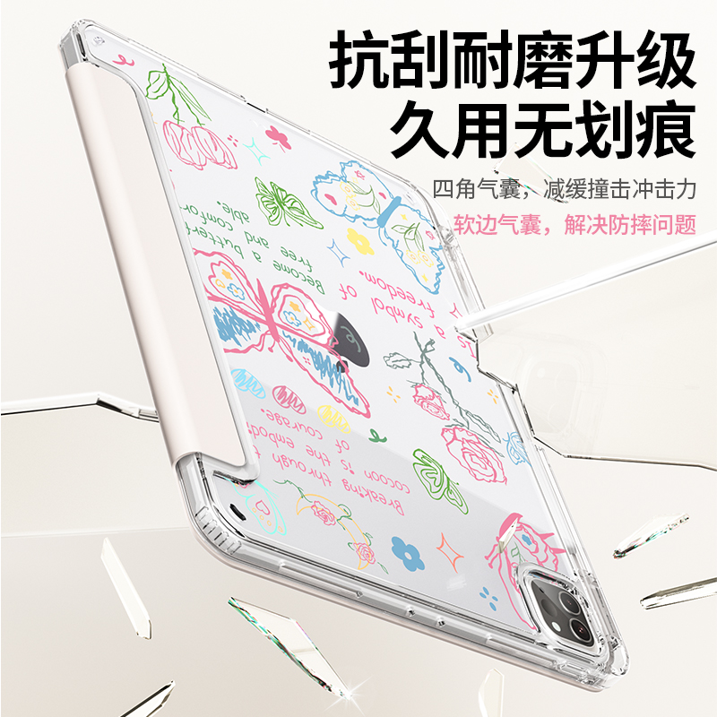 iPadpro保护套air5壳适用苹果11寸平板9第九代轻薄亚克力10磁吸带笔槽Y折8防弯4防摔mini6透明蝴蝶12.9三支架-图2