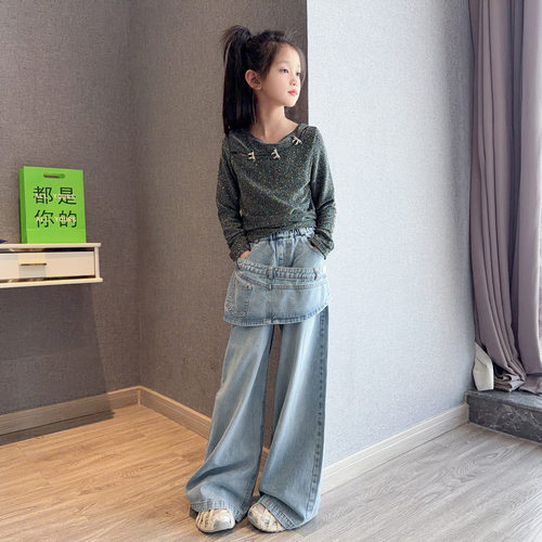 女童复古假两件辣妹风牛仔裤套装2026春装新款阔腿裤洋气两面穿上 - 图1