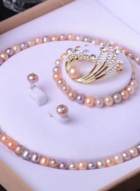 项链强光近圆淡水珍珠银扣送长辈