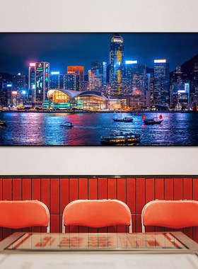 维多利亚港夜景装饰画香港城市建筑风景挂画港式茶餐厅饭店壁画