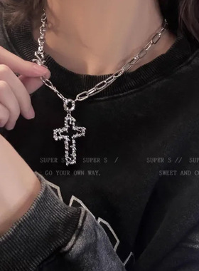 合金锁骨链复古锡纸十字架项链
