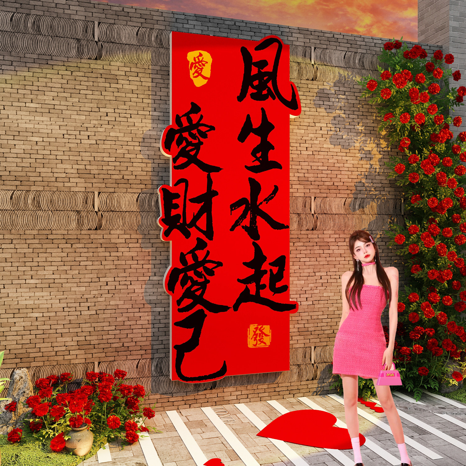 网红打卡拍照区布置玫瑰花小院墙面装饰氛围造背景爱财已风生水起,淘宝优惠券,粉丝福利购,淘宝优惠卷