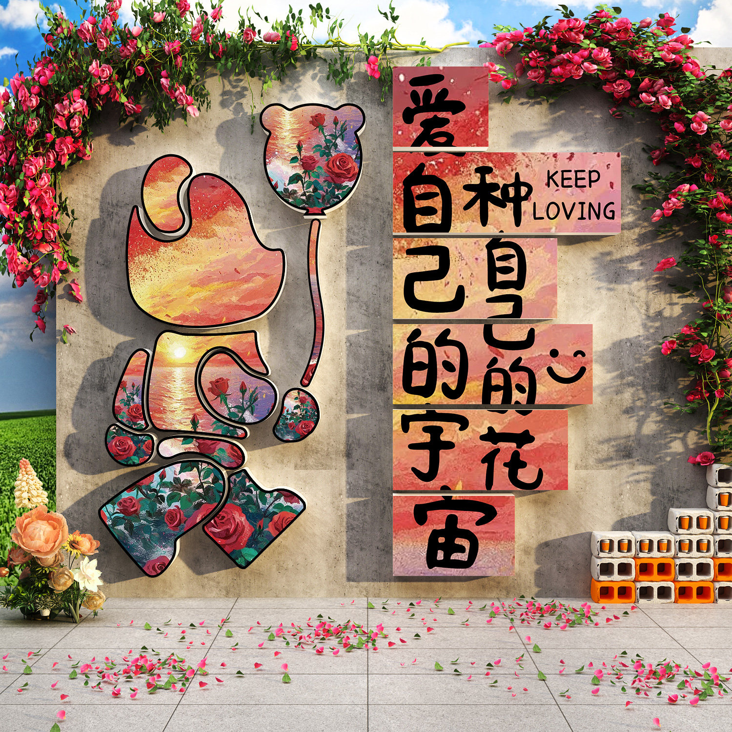 2025网红打卡拍照区布置背景花墙面氛围装饰户外小院造景公仔形象,淘宝优惠券,粉丝福利购,淘宝优惠卷