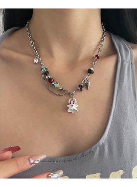 李金铭同款黑白色幽灵拼接碎石项链情侣款配饰小众锁骨链